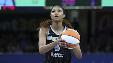 Chicago Sky forward Angel Reese shoots a free throw against the New York Liberty.