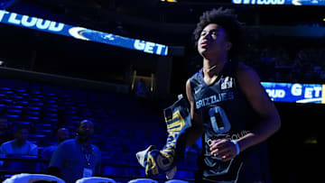 Grizzlies’ Jaylen Wells (0) runs on the court as he is introduced during open practice at FedExForum in Memphis, Tenn., on Sunday, October 6, 2024.