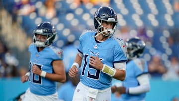 Tennessee Titans quarterback Trevor Siemian (15) warms up before an NFL pre-season game against the Minnesota Vikings at Nissan Stadium in Nashville, Tenn., Friday, Aug. 22, 2025.