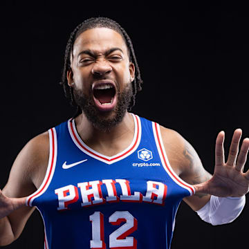 Sep 26, 2025; Camden, NJ, USA; Philadelphia 76ers Trendon Watford poses for a photo during media day. Mandatory Credit: Bill Streicher-Imagn Images