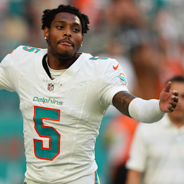 Miami Dolphins cornerback Jalen Ramsey (5) celebrates after his interception against the Las Vegas Raiders during the second half at Hard Rock Stadium last season.