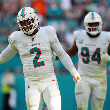 Miami Dolphins linebacker Bradley Chubb (2) celebrates after recovering a fumble during the second half against the New York Jets at Hard Rock Stadium. 