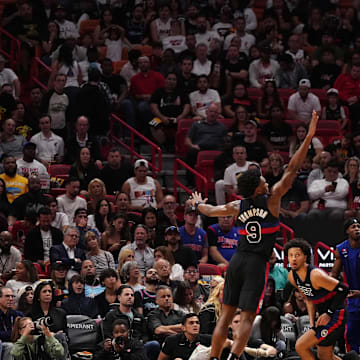 Oct 25, 2023; Miami, Florida, USA; Miami Heat forward Duncan Robinson (55) attempts a three point shot against the Detroit Pistons during the first half at Kaseya Center. Mandatory Credit: Jasen Vinlove-Imagn Images