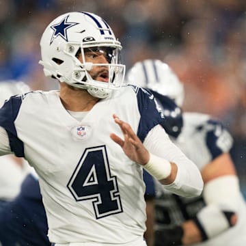 Dallas Cowboys quarterback Dak Prescott (4) throws a pass during the first quarter against the Tennessee Titans at Nissan Stadium Thursday, Dec. 29, 2022, in Nashville, Tenn.

Nfl Dallas Cowboys At Tennessee Titans