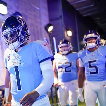 Tennessee Titans wide receiver Calvin Ridley (0) heads out to the field before the game against the Indianapolis Colts at Nissan Stadium in Nashville, Tenn., Sunday, Sept. 21, 2025.