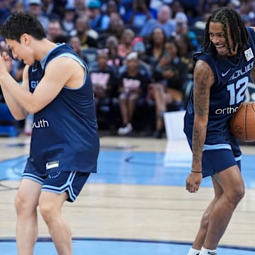 Grizzlies' Yuki Kawamura (17) and Ja Morant (12) do the griddy dance during open practice at FedExForum in Memphis, Tenn., on Sunday, October 6, 2024.