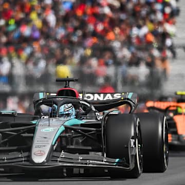 Jun 9, 2024; Montreal, Quebec, CAN; Mercedes driver George Russell (GBR) races during the Canadien Grand Prix at Circuit Gilles Villeneuve. Mandatory Credit: David Kirouac-Imagn Images