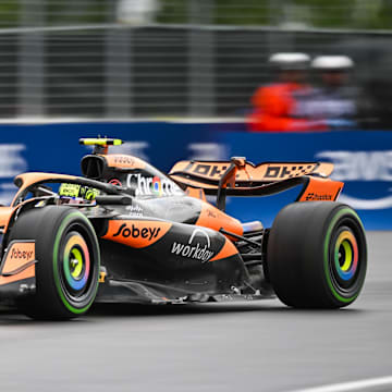 Jun 7, 2024; Montreal, Quebec, CAN; McLaren driver Lando Norris (GBR) races during FP2 practice session of the Canadian Grand Prix at Circuit Gilles Villeneuve. Mandatory Credit: David Kirouac-Imagn Images