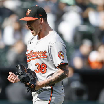 Baltimore Orioles starting pitcher Kyle Bradish (38) reacts after striking out Chicago White Sox third baseman Bryan Ramos during the seventh inning at Guaranteed Rate Field on May 26.