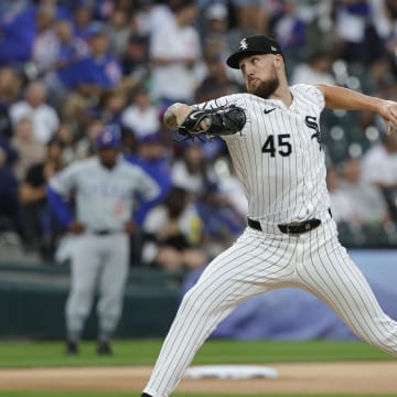 Chicago White Sox starting pitcher Garrett Crochet (45) delivers a pitch against the Chicago Cubs during the first inning at Guaranteed Rate Field on Aug 9.