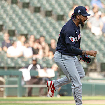 Cleveland Guardians pitcher Emmanuel Clase (48) reacts after delivering a final out against the Chicago White Sox during the ninth inning at Guaranteed Rate Field on Sept 11.