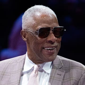 December 9, 2023; Las Vegas, Nevada, USA; NBA former player Julius Erving before the in-season tournament championship at T-Mobile Arena. Mandatory Credit: Kyle Terada-Imagn Images