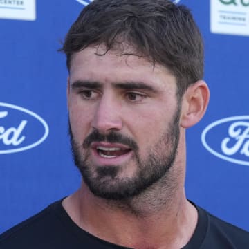 Florham Park, NJ -- August 21, 2024 -- Giants quarterback Daniel Jones during the post practice press conference. The New York Giants came to the Atlantic Health Jets Training Center in Florham Park, New Jersey to take part in a joint practice with the New York Jets.