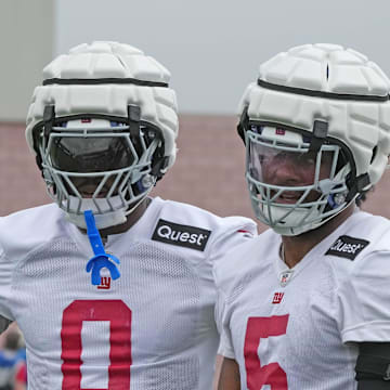 East Rutherford, NJ -- July 24, 2024 -- Outside linebackers Brian Burns and Kayvon Thibodeaux during the first day of training camp for the 2024 New York Giants.