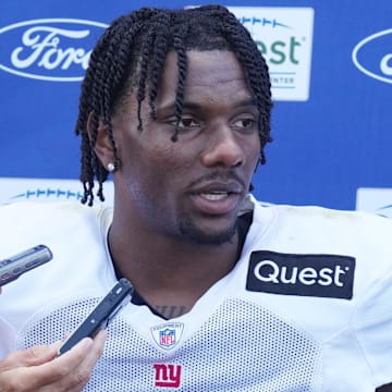 Florham Park, NJ -- August 21, 2024 -- Giants wide receiver Malik Nabers during the post-practice press conference. The New York Giants came to the Atlantic Health Jets Training Center in Florham Park, New Jersey to take part in a joint practice with the New York Jets.