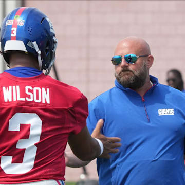 East Rutherford, NJ -- June 5, 2025 -- Quarterback, Russell Wilson and Coach Brian Daboll as the New York Giants players participate in their 2025 OTAÕs at the Quest Diagnostic Giants Training Center in East Rutherford.