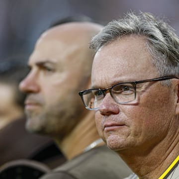 Sep 19, 2025; Chicago, Illinois, USA; San Diego Padres manager Mike Shildt (8) looks on from the sidelines before a baseball game between the Chicago White Sox and San Diego Padres at Rate Field. Mandatory Credit: Kamil Krzaczynski-Imagn Images
