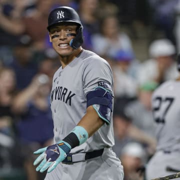 Aug 12, 2024; Chicago, Illinois, USA; New York Yankees outfielder Aaron Judge reacts after striking out.