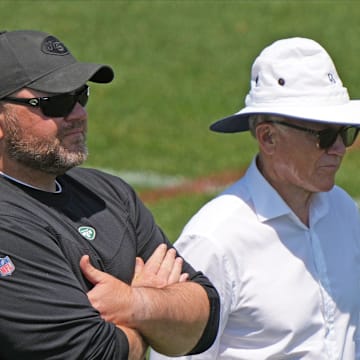 Florham Park, NJ May 31, 2023 -- General manager Joe Douglas and owner Woody Johnson during the Jets OTA.