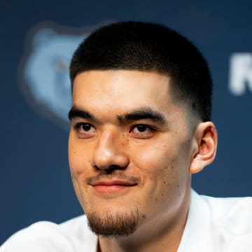 Zach Edey, a first-round draft pick for the Grizzlies, smiles during a press conference to introduce the team’s 2024 NBA Draft picks at FedExForum on Friday, June 28, 2024.