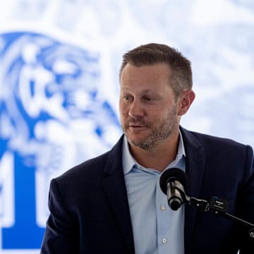 Memphis football head coach Ryan Silverfield speaks during the Simmons Bank Liberty Stadium Groundbreaking Ceremony in Memphis, Tenn., on Thursday, August 22, 2024.