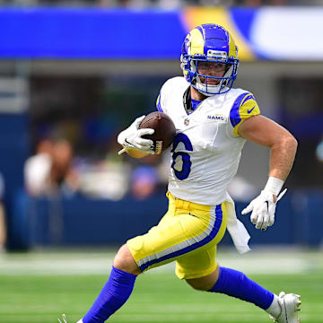 Aug 11, 2024; Inglewood, California, USA; Los Angeles Rams wide receiver Drake Stoops (6) runs the ball against the Dallas Cowboys during the second half at SoFi Stadium. Mandatory Credit: Gary A. Vasquez-Imagn Images