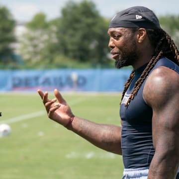 Arizona Cardinals wide receiver DeAndre Hopkins talks with Tennessee Titans running back Derrick Henry after a joint training camp practice at Ascension Saint Thomas Sports Park Wednesday, Aug. 24, 2022, in Nashville, Tenn.

Nas Titans Cardinals 022