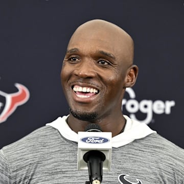 Jun 10, 2025; Houston, TX, USA; Houston Texans head coach DeMeco Ryans speaks during a press conference after an NFL football minicamp at NRG Stadium. Mandatory Credit: Maria Lysaker-Imagn Images 