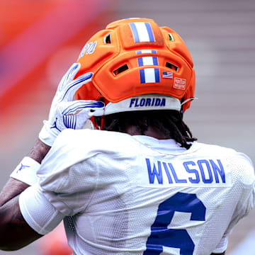 Florida Gators wide receiver Dallas Wilson looks on during the team's position drills period during Saturday's practice.