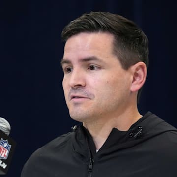 Feb 27, 2025; Indianapolis, IN, USA; Seattle Seahawks coach Mike Macdonald speaks during the 2025 NFL Scouting Combine at the Indiana Convention Center.