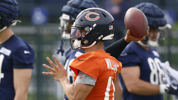 Chicago Bears quarterback Caleb Williams (18) passes the ball during training camp at Halas Hall.