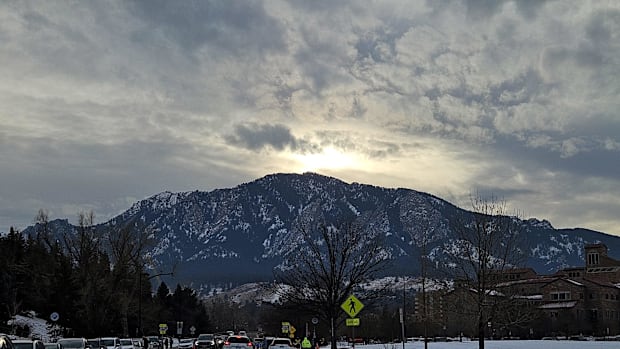 Jan 20, 2024; Boulder, Colorado, USA; General view of the Flatirons behind the CU Events Center before the game between the O