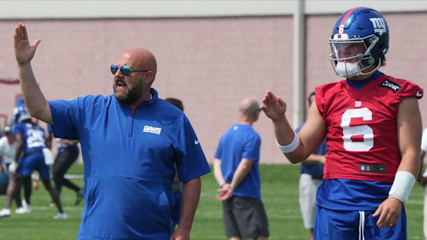 East Rutherford, NJ -- June 5, 2025 -- Coach Brian Daboll with quarterback Jaxson Dart as the New York Giants players partici