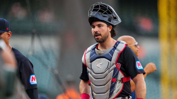 Austin Hedges looks into the dugout 