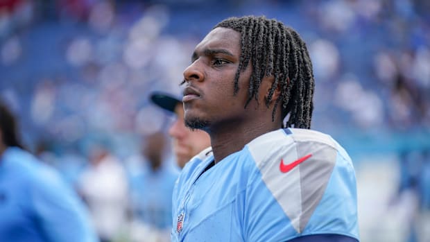 Cam Ward looks on during a Tennessee Titans game.