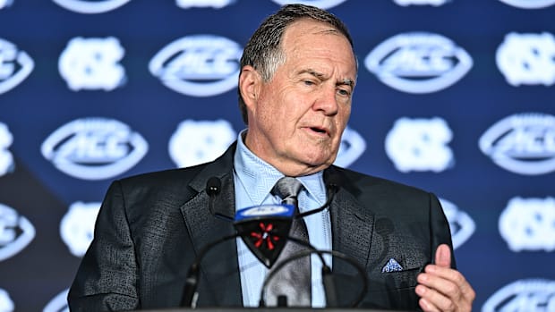 North Carolina football coach Bill Belichick speaks to the media during ACC media days.