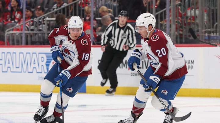 Colorado Avalanche center Jack Drury (18) and Ross Colton (20)