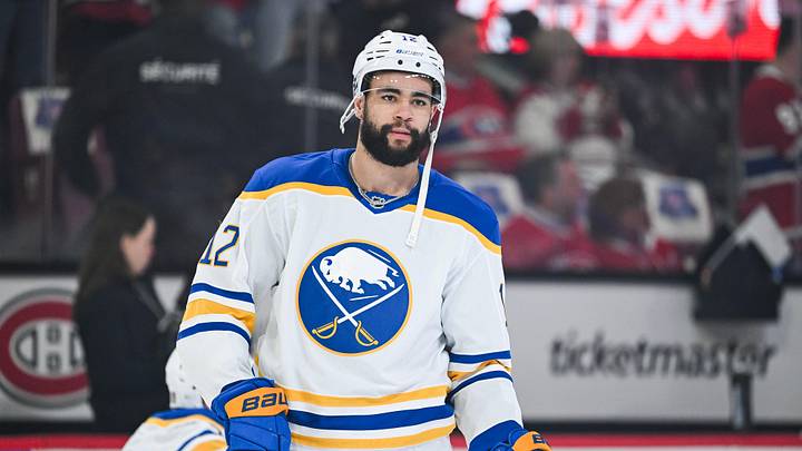 May 16, 2026; Montreal, Quebec, CAN; Buffalo Sabres left wing Jordan Greenway (12) looks on during warm-up before the game against the Montreal Canadiens in game six of the second round of the 2026 Stanley Cup Playoffs at Bell Centre. Mandatory Credit: David Kirouac-Imagn Images