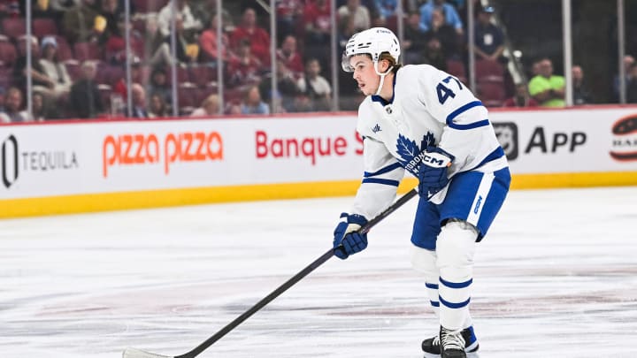 Sep 30, 2023; Montreal, Quebec, CAN; Toronto Maple Leafs defenseman Topi Niemela (47) plays the puck against the Montreal Canadiens during the first period at Bell Centre. Mandatory Credit: David Kirouac-USA TODAY Sports