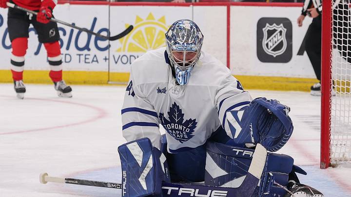 Mar 4, 2026; Newark, New Jersey, USA; Toronto Maple Leafs goaltender Anthony Stolarz (41) makes a save against the New Jersey Devils during the second period at Prudential Center. Mandatory Credit: Ed Mulholland-Imagn Images
