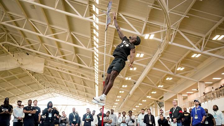 Vanderbilt safety Marlen Sewell leaps for the vertical jump during football pro day at Vanderbilt University in Nashville, Tenn., Friday, March 20, 2026.