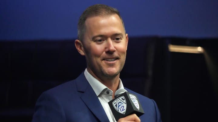 Jul 21, 2023; Las Vegas, NV, USA; Southern California Trojans coach Lincoln Riley speaks during Pac-12 Media Day at Resorts World Las Vegas. Mandatory Credit: Kirby Lee-USA TODAY Sports