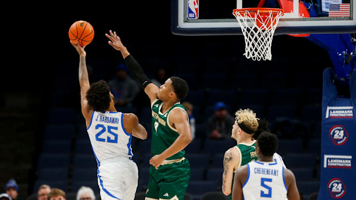 Memphis' Jayden Hardaway (25) goes for a layup during the game between the University of South Florida and the University of Memphis at FedExForum in Memphis, Tenn., on Thursday, January 18, 2024.