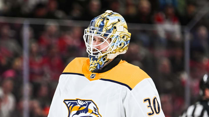 Jan 12, 2023; Montreal, Quebec, CAN; Nashville Predators goalie Yaroslav Askarov (30) against the Montreal Canadiens during the second period at Bell Centre. Mandatory Credit: David Kirouac-USA TODAY Sports