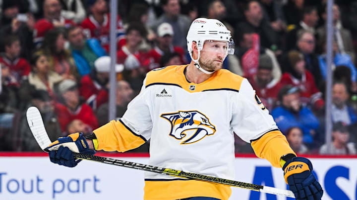 Oct 16, 2025; Montreal, Quebec, CAN; Nashville Predators center Steven Stamkos (91) looks on against the Montreal Canadiens during the second period at Bell Centre. Mandatory Credit: David Kirouac-Imagn Images