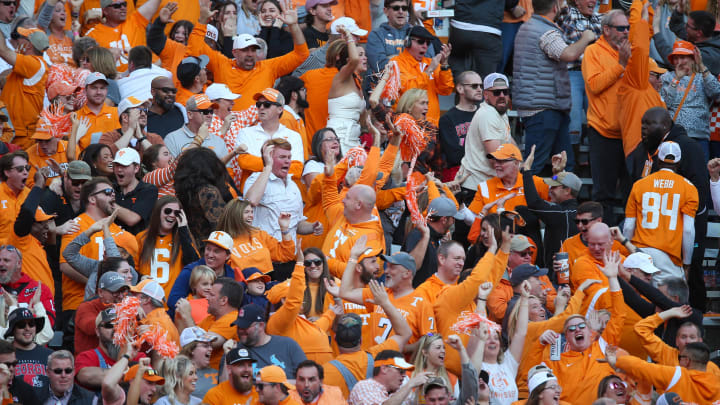 Nov 18, 2023; Knoxville, Tennessee, USA; Tennessee Volunteers fans react after a touchdown against the Georgia Bulldogs during the first half at Neyland Stadium. Mandatory Credit: Randy Sartin-USA TODAY Sports