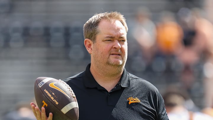 Oct 11, 2025; Knoxville, Tennessee, USA;  Tennessee Volunteers head coach Josh Heupel before the game against the Arkansas Razorbacks at Neyland Stadium. Mandatory Credit: Randy Sartin-Imagn Images