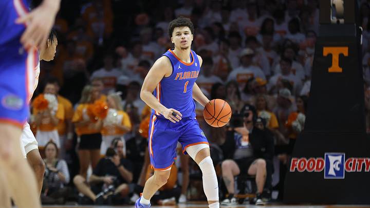 Feb 1, 2025; Knoxville, Tennessee, USA; Florida Gators guard Walter Clayton Jr. (1) brings the ball upcourt against the Tennessee Volunteers during the second half at Thompson-Boling Arena at Food City Center. 