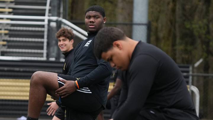 Paramus, NJ -- April 18, 2024 -- Offensive lineman Malachi Goodman, center during the Spring HS