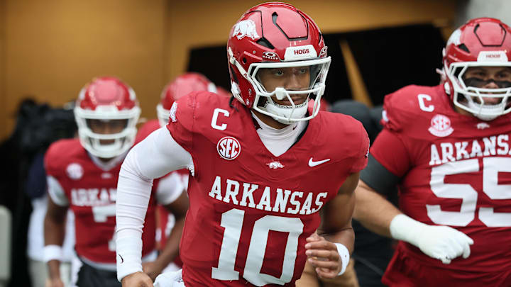 Nov 29, 2025; Fayetteville, Arkansas, USA; Arkansas Razorbacks quarterback Taylen Green (10) comes onto the field prior to a game against the Missouri Tigers at Donald W. Reynolds Razorback Stadium. Mandatory Credit: Nelson Chenault-Imagn Images